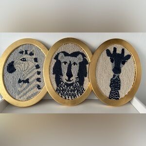Pottery Barn Kids Emily& Meritt set/3 framed animal art: Zebra, Giraffe & Lion.
